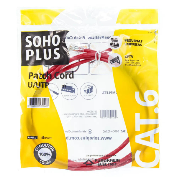 Imagem de Patch Cord Cat.6 U/Utp Furukawa Sohoplus, 2.5 Metros, T568a, Cmx - Vermelho - 35123009