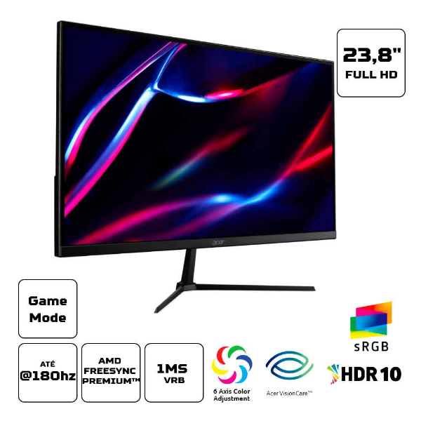 Imagem de Monitor Led 23,8" Acer Qg240y Gamer Fhd / 180hz / Hdmi / Dp / Saida De Audio / 1ms