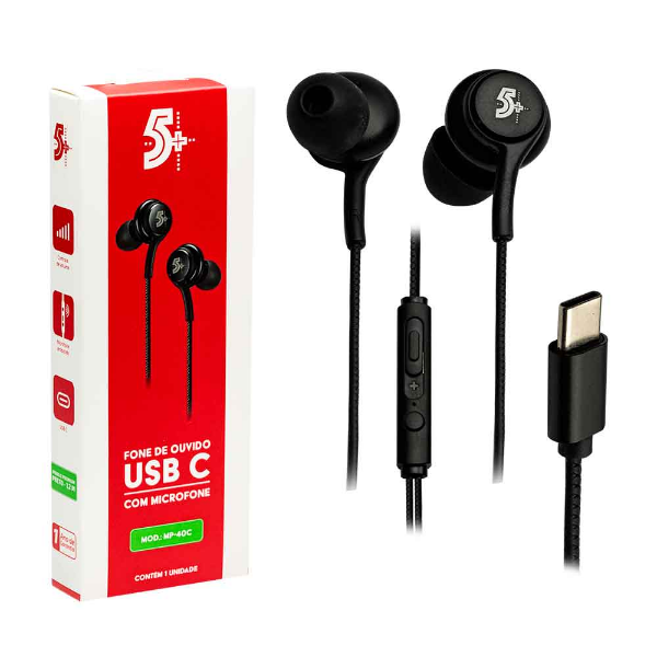 Imagem de Fone de Ouvido Com Fio 5+, Auricular, USB-C - Preto - 043-0040