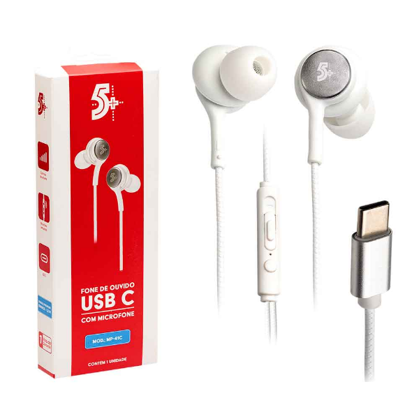 Imagem de Fone de Ouvido Com Fio 5+, Auricular, USB-C - Branco - 043-0041