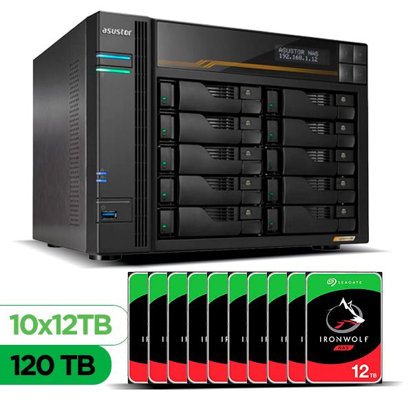 Imagem de Servidor NAS ASUSTOR AS6810T-BR - 120TB - 10 Baias HDD - Torre - AMD Ryzen V3C14 - 2x LAN 5GbE + 2x LAN 10GbE - Inclui 10 HDs Seagate IronWolf NAS de 12TB
