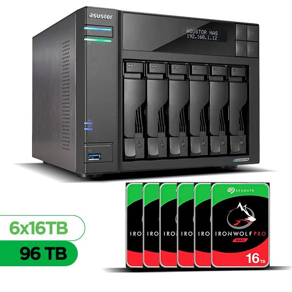 Imagem de Servidor NAS ASUSTOR AS6806T-US - 96TB - 6 Baias HDD - Torre - AMD Ryzen V3C14 - 2x LAN 5GbE + 2x LAN 10GbE - Inclui 6 HDs Seagate IronWolf Pro NAS de 16TB