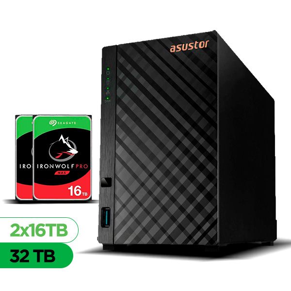 Imagem de Servidor NAS ASUSTOR AS1202T-US - 32TB - 2 Baias HDD - Torre - Realtek RTD1619B - 1x LAN 2,5GbE - Inclui 2 HDs Seagate IronWolf Pro NAS de 16TB