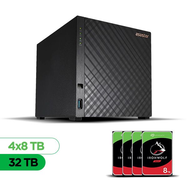 Imagem de Servidor NAS ASUSTOR AS1204T-US - 32TB - 4 Baias HDD - Torre - Realtek RTD1619B - 1x LAN 2,5GbE - Inclui 4 HDs Seagate IronWolf NAS de 8TB