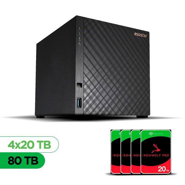Imagem de Servidor NAS ASUSTOR AS1204T-US - 80TB - 4 Baias HDD - Torre - Realtek RTD1619B - 1x LAN 2,5GbE - Inclui 4 HDs Seagate IronWolf Pro NAS de 20TB